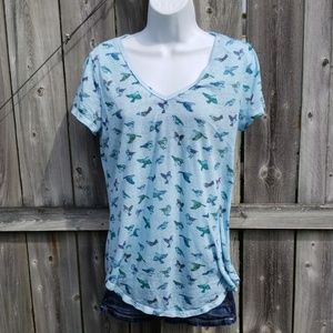 Bird Print Tee with V-neck by Mudd in Light Blue Color